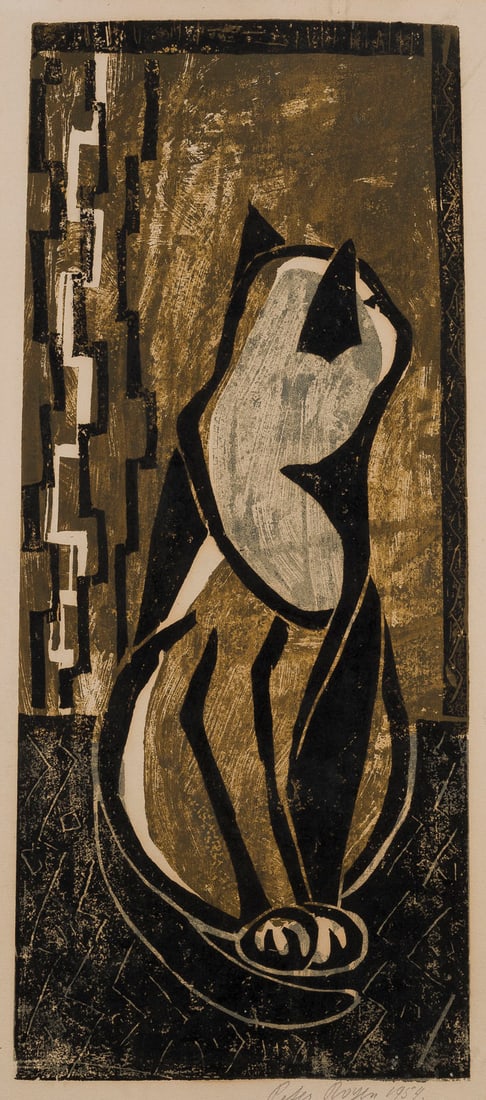 PETER ROYEN | 'KATZE' (1954): PETER ROYEN 1923 Amsterdam - 2013 Duesseldorf 'CAT' (1954) Colour woodcut on laid paper. F 73,5 x 39,5 cm. Print size 50 x 20 cm, visible size 52,5 x 24 cm. Signed and dated in pencil lower right. Ver