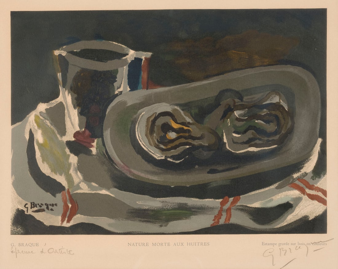 GEORGES BRAQUE | 'NATURE MORTE AUX HUITRES' (1950): GEORGES BRAQUE 1882 Argenteuil - 1963 Paris 'NATURE MORTE AUX HUITRES' (1950) from: Estampes Introduction de Robert Rey Colour woodcut on van Gelder Zonen, with watermark. F 46 x 53 cm. Print size 22 