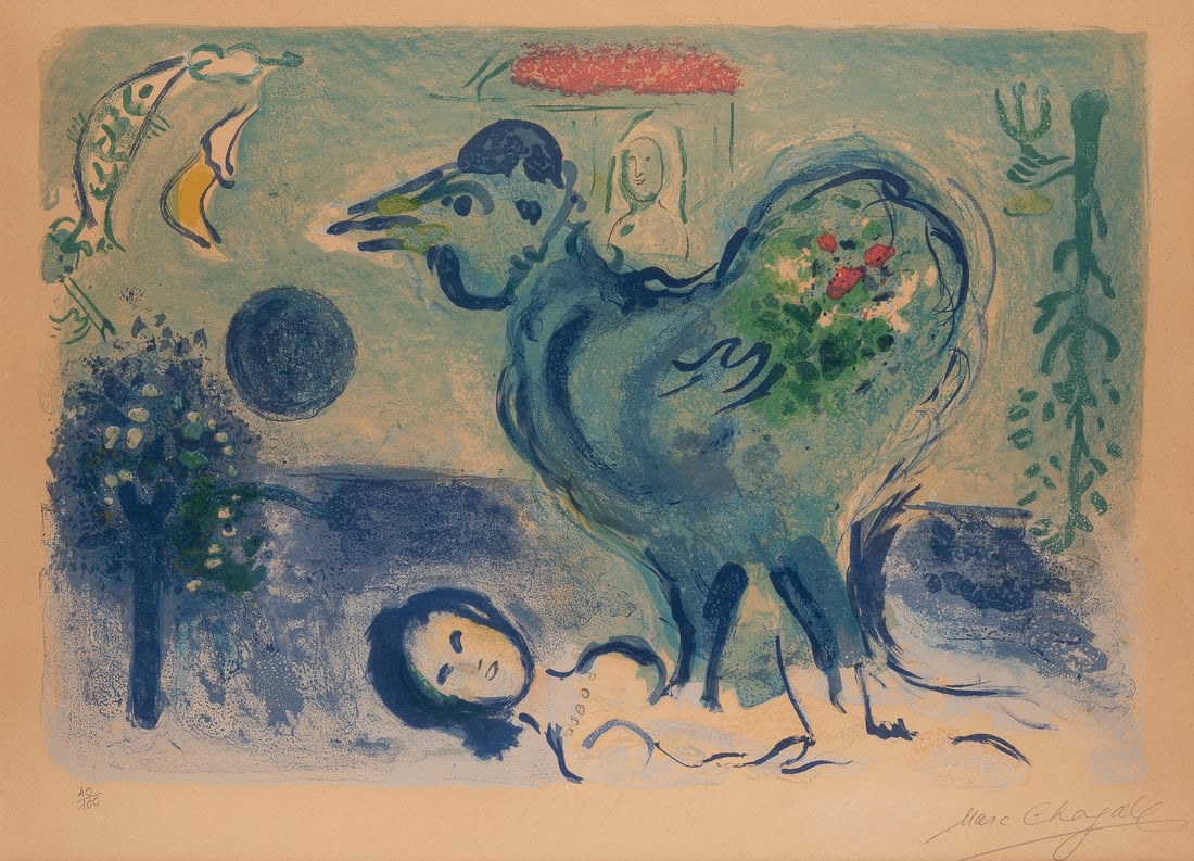 MARC CHAGALL | 'PAYSAGE AU COQ' (1958): MARC CHAGALL 1887 Witebsk - 1985 Paul de Vence 'PAYSAGE AU COQ' (1958) Color lithograph on Arches. Print size 38 x 56 cm (f. 67 x 83 x 3 cm). Hand-signed 'Marc Chagall' at the bottom right, copy numbe