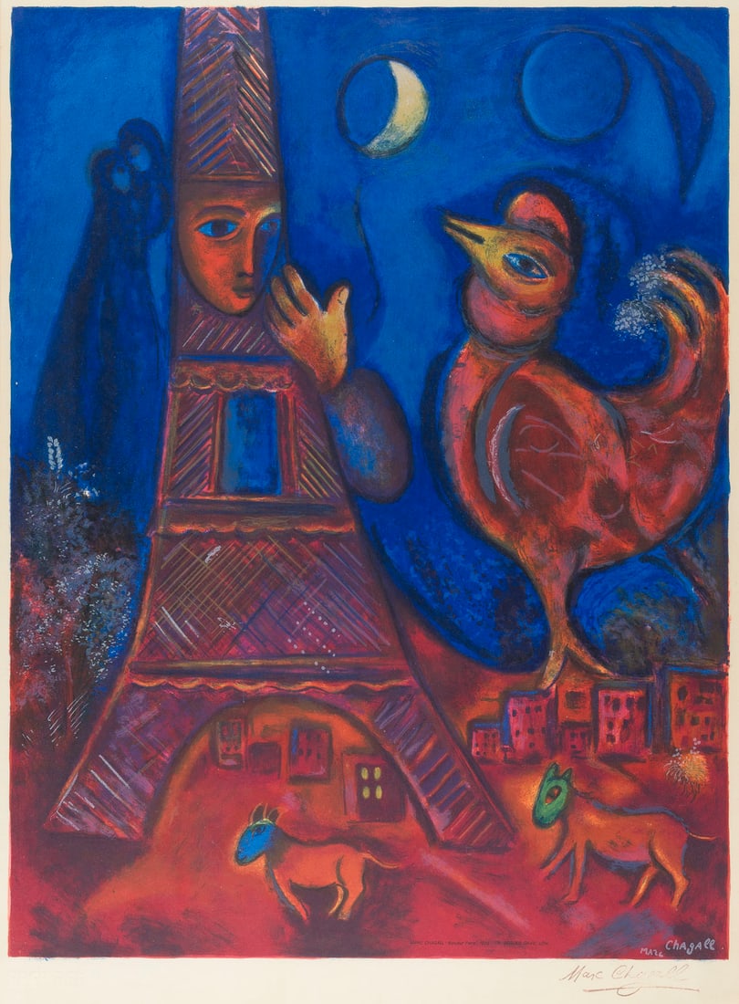 MARC CHAGALL | 'BONJOUR PARIS': MARC CHAGALL 1887 Witebsk - 1985 Paul de Vence 'BONJOUR PARIS' Colour lithograph on paper, with dry stamp 'EURO ART'. F 71,5 x 52 cm. Print size 62,5 x 47,5 cm, Visible size 69 x 49,5 cm. Signed with 