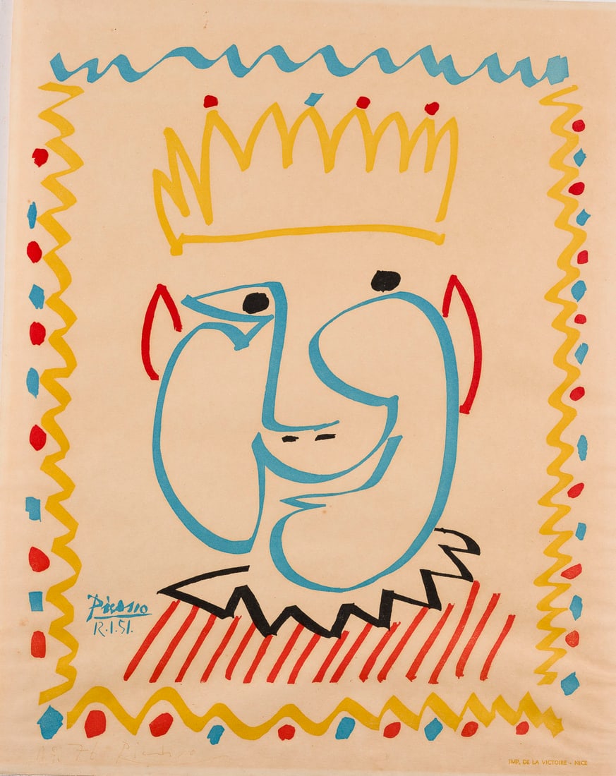 PABLO PICASSO (NACH) | 'TETE DE ROI' (1951): PABLO PICASSO (AFTER) 1881 Malaga - 1973 Mougins 'TETE DE ROI' (1951) Colour lithograph on laid paper. Sheet size 55 x 44 cm. Signed (faded) lower left and dated '(19)76', illegible inscr., inscr. low