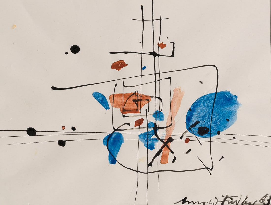 ARNOLD FIEDLER | ABSTRAKTE KOMPOSITION (1963): ARNOLD FIEDLER Hamburg 1900 - 1985 ABSTRACT COMPOSITION (1963) Ink/Watercolour with pencil on La Couronne-paper, with watermarks. Passe-partout 30 x 40 cm. Sheet size 20.7 x 26.7 cm. Signed and dated 