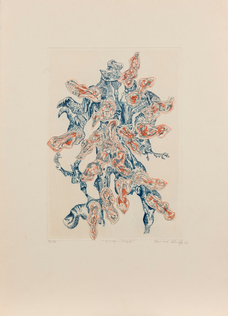 BERNARD SCHULTZE | 'ZUNGEN-MIGOF' (1969): BERNARD SCHULTZE 1915 Pila (Schneidemuehl) Poland - 2005 Cologne 'ZUNGEN-MIGOF (TONGUE MIGOF)' (1969) Colour etching/Collage on firm paper. Sheet dimensions 59.5 x 42 cm. Print dimensions 34.8 x 24.5 