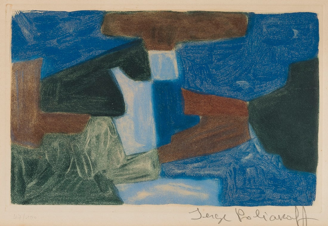 SERGE POLIAKOFF | 'COMPOSITION BLEUE, VERTE ET BRUNE' (1968): SERGE POLIAKOFF 1900 Moscow - 1969 Paris 'COMPOSITION BLEUE, VERTE ET BRUNE' (1968) Colour etching on handmade paper. F 51 x 59 cm. Print size 15,5 x 23,5 cm. Visible size 19 x 27 cm. Signed in pencil