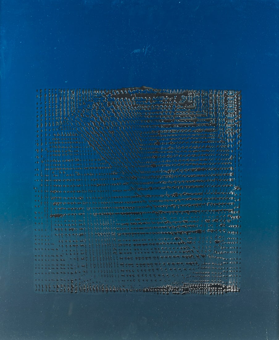 HEINZ MACK | BLATT AUS 'GALAXIS' (1973): HEINZ MACK 1931 Lollar - lives and works in Moenchengladbach and Ibiza SHEET FROM 'GALAXIS' (1973) Color serigraph and embossing on aluminium foil-coated cardboard. F 61 x 50,5 cm. Visible size 59 x 4