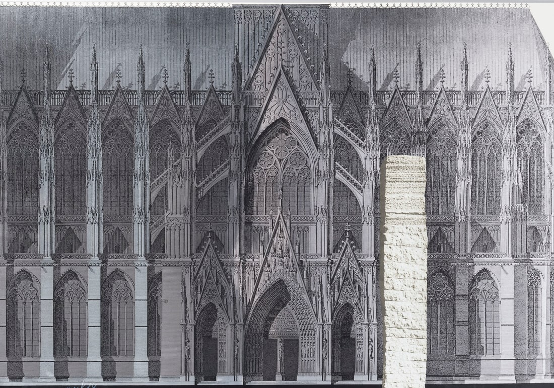 HEINZ MACK | COLUMNE PRO CAELO VOR DEM KOELNER DOM (1984): HEINZ MACK 1931 Lollar - lives and works in Moenchengladbach and Ibiza COLUMNE PRO CAELO IN FRONT OF THE KOELNER DOM (1984) Colour serigraph on silver coated cardboard. Sheet size 69.6 x 99.6 cm. Prin