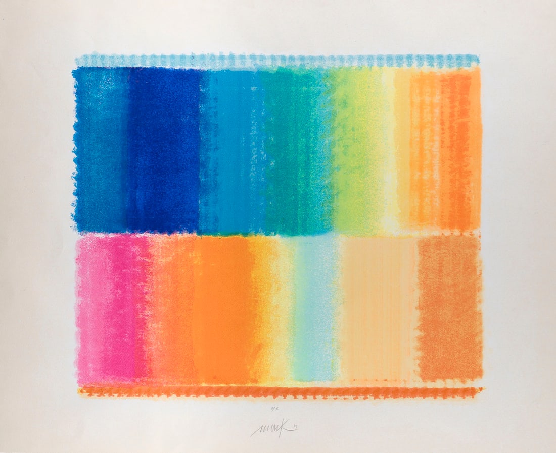 HEINZ MACK | OHNE TITEL (2013): HEINZ MACK 1931 Lollar - lives and works in Moenchengladbach and Ibiza UNTITLED (2013) Colour serigraph on laid paper. F 73 x 93 cm. Sheet size 64,8 x 80 cm. Signed and dated in pencil lower centre 'M