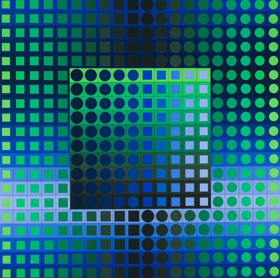 VICTOR VASARELY | 'ZETT-KZ': VICTOR VASARELY 1906 Pecs, Hungary - 1997 Paris 'ZETT-KZ' Colour serigraph on cardboard, with dry stamp 'EDITEUR DENISE RENE'. Sheet size 70 x 70 cm. Signed in pencil 'Vasarely' at lower middle as wel