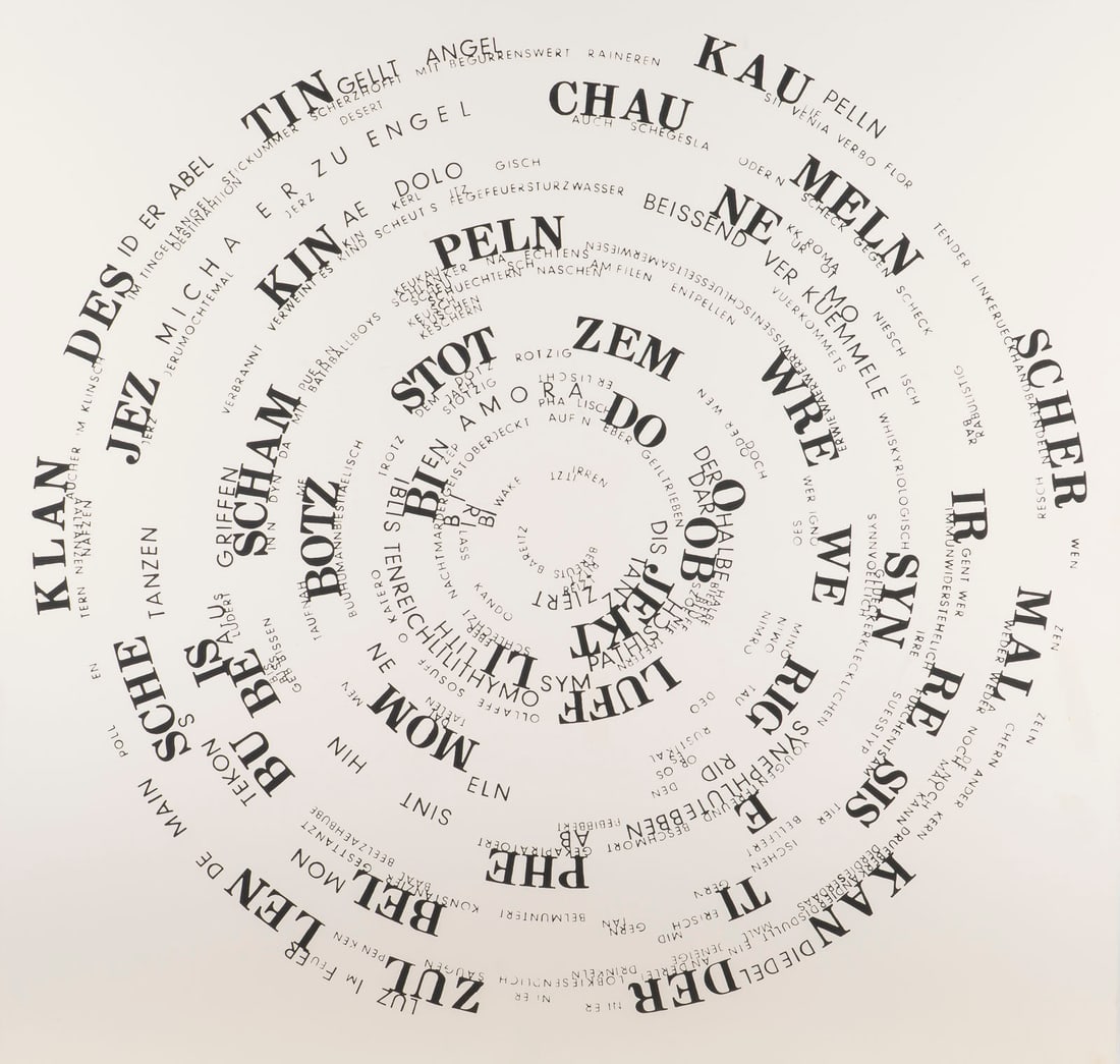FERDINAND KRIWET | 'RUNDSCHEIBE NR. VI - TYPE IS HONEY' (1964): FERDINAND KRIWET 1942 Duesseldorf - 2018 Bremen 'RUNDSCHEIBE NR. VI - TYPE IS HONEY' (1964) from: SEHTEXTE - Zweite Serie (1962/63) aus: SEHTEXTE - Zweite Serie (1962/63) Serigraph on cardboard. Sheet