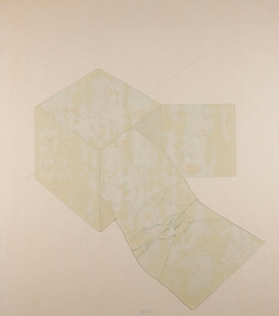 JEAN MAUBOULES | 'DEROULEUR' (1973): JEAN MAUBOULES 1943 Poey-de-Lescar, France - lives and works in Solothurn, Switzerland 'DEROULEUR' (1973) Pencil and glass panels, mounted on cardboard. F 101 x 91 cm. Signed in pencil at lower centre