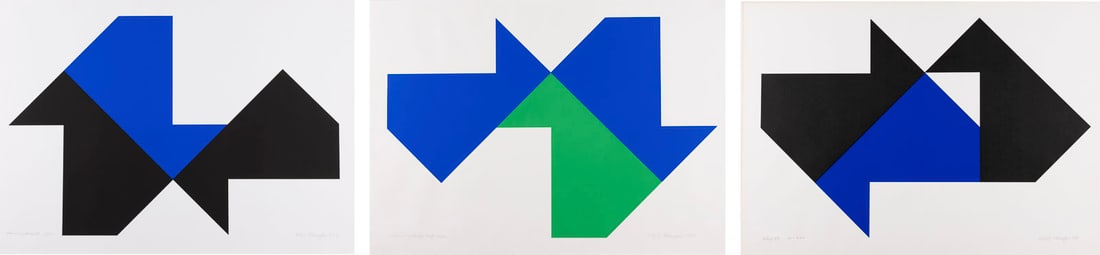 HEIJO HANGEN | 'ORDNUNGSFOLGE 69/73/74B' (1973): HEIJO HANGEN 1927 Bad Kreuznach - 2019 'ORDNUNGSFOLGE 69/73/74B' (1973) Colour serigraph on light cardboard. Sheet sizes 49.5 x 69.8 cm. Each signed and dated in pencil at lower right 'heijo hangen 19