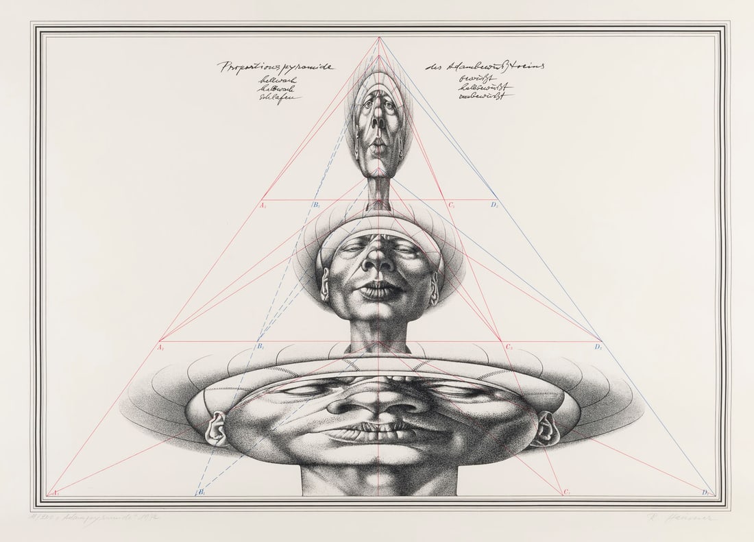 RUDOLF HAUSNER | 'ADAMPYRAMIDE' (1972): RUDOLF HAUSNER 1914 Vienna - 1995 Moedling 'ADAMPYRAMIDE' (1972) Colour lithograph von thin cardboard. F 72,5 x 102 cm. Visible size 69 x 99 cm. Signed in pencil lower right and num. '11/200', titled 