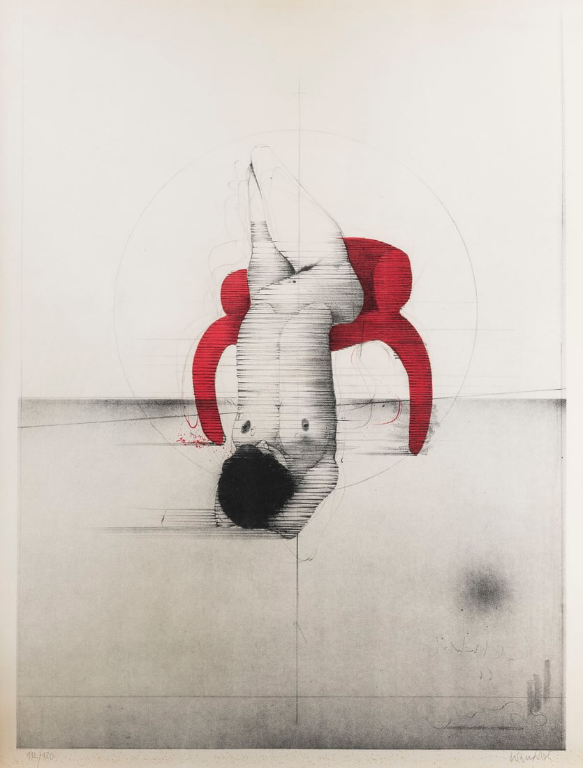 PAUL WUNDERLICH | 'AKT AUF ROTEM STUHL' (1966): PAUL WUNDERLICH 1927 Eberswalde - 2010 Saint-Pierre-de-Vassols 'NUDE ON A RED CHAIR' (1966) Colour lithograph on laid paper. F 72,5 x 57,5 cm. Sheet size 65 x 50 cm. Signed in pencil lower right and n