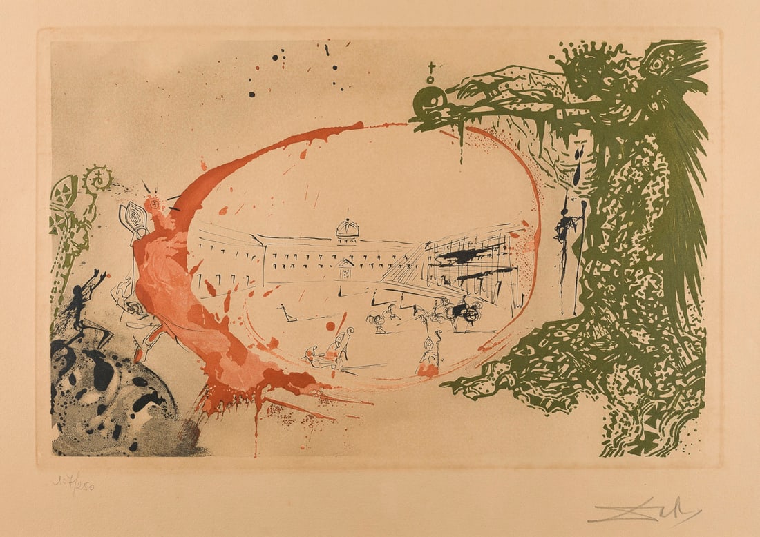SALVADOR DALI | 'VISION DE PARADIS (PARADIES-VISION)' (1971): SALVADOR DALI Figueres, Girona 1904 - 1989 'VISION DE PARADIS (1971) from: Calder?n, La Vie est un songe Colour etching with aquatint on wove paper. Frame dimensions 67.5 x 84.5 cm. Sheet size 42 x 59