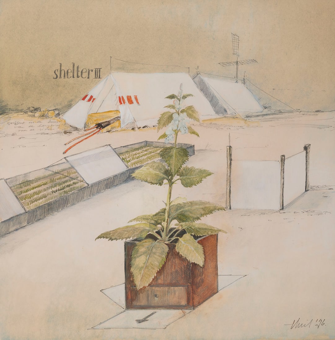 MAARTEN THIEL | 'SHELTER III' (1976): MAARTEN THIEL 1945 Amsterdam - 2008 Kassel 'SHELTER III' (1976) Mixed media on paper. F 58 x 58 cm. Sheet size 43 x 43 cm. Signed and dated in pencil lower right and titled upper left. Minimally brown