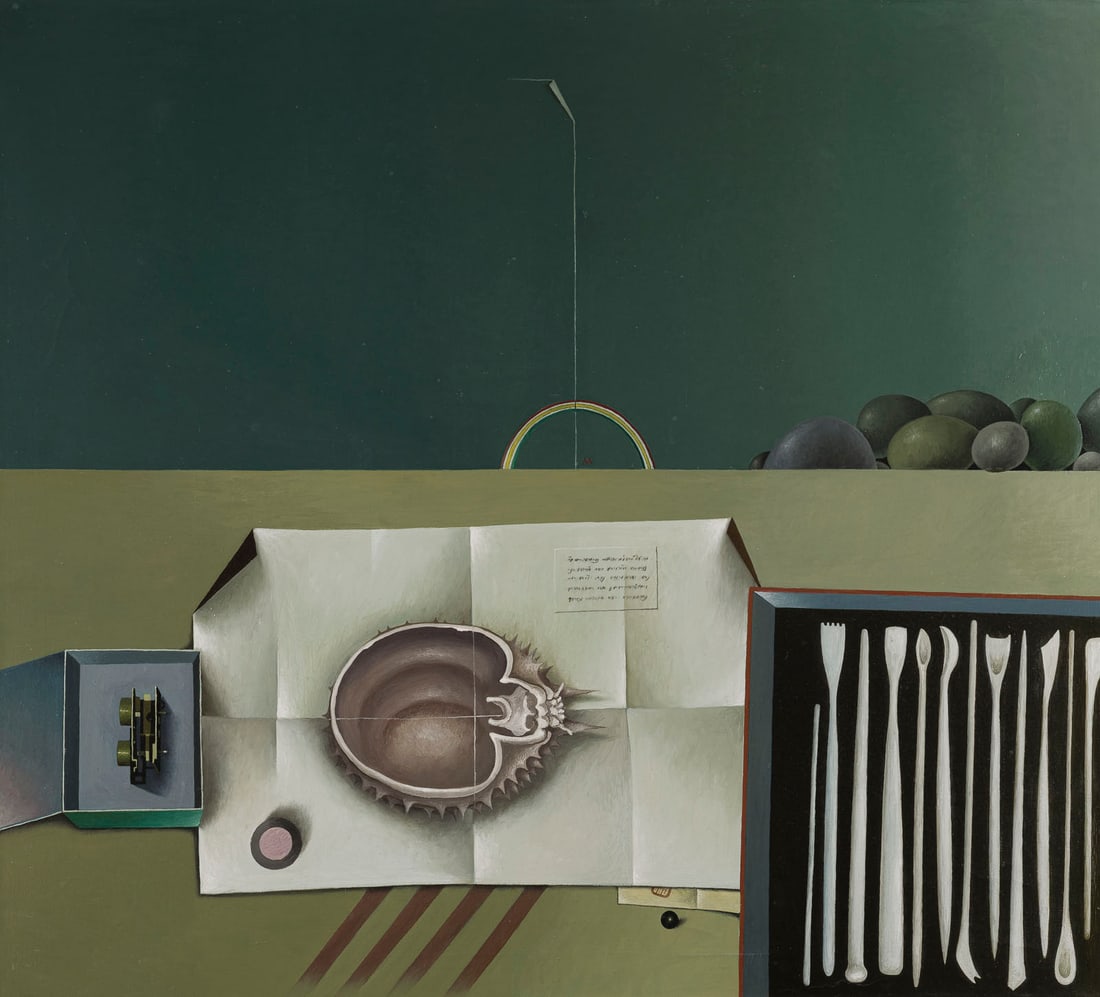 WOLFGANG KOLKS | 'ERINNERUNG': WOLFGANG KOLKS 1935 Essen 'MEMORY' Oil on canvas. F 104,5 x 114,5 cm. 80,3 x 90,4 cm. Inscribed on the reverse with an old adhesive label. Minimal craquelure, with some minor staining. Framed. Provena