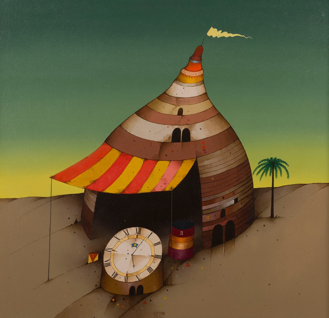 VICTOR SVEC | 'HAUS DES GEORGE GRAHAM' (1977): VICTOR SVEC lives and works in Hildesheim 'HOUSE OF GEORGE GRAHAM' (1977) Oil on canvas, on panel. F 57,5 x 57,5 cm. 50 x 50 cm. Signed and dated lower centre. Verso: signed and dated, inscr. with lab