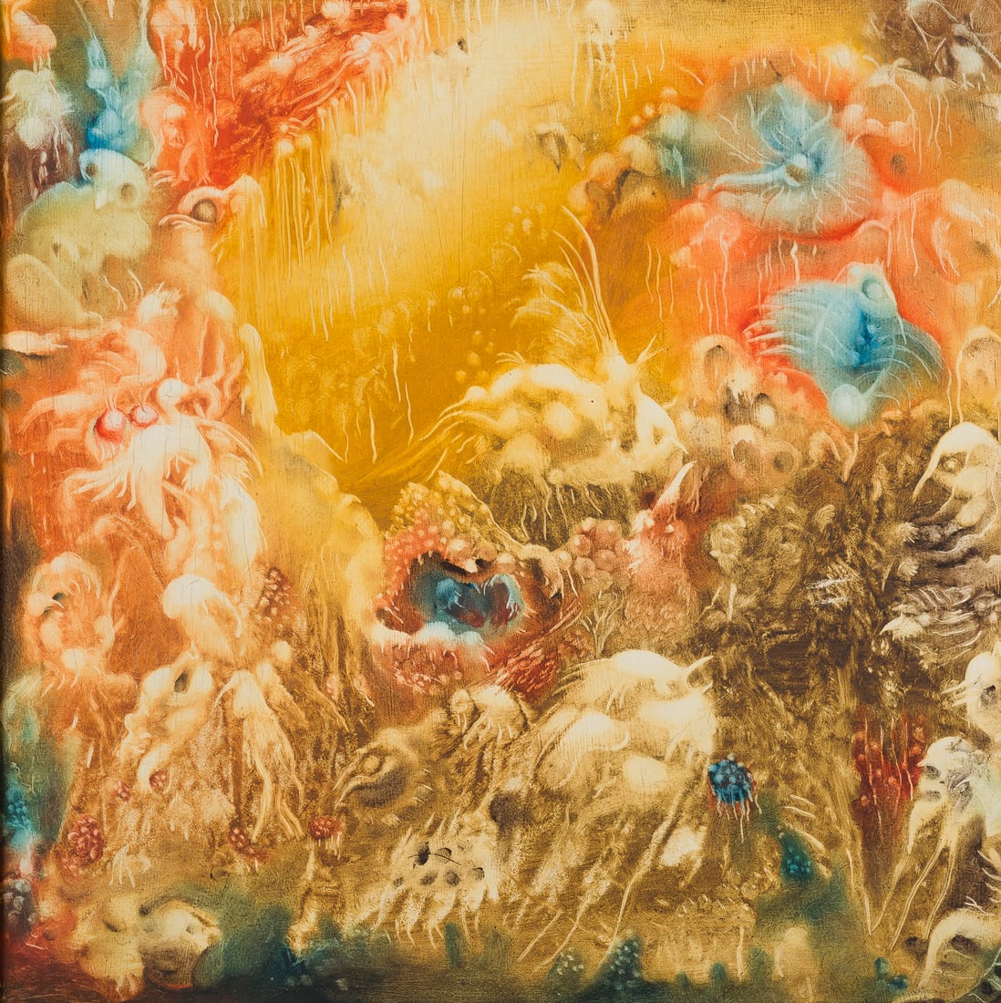 URSULA DREYER-KLEMKE | FANTASTISCHE LANDSCHAFT: URSULA DREYER-KLEMKE active 2nd H. 20th century MAGICAL LANDSCAPE Oil on panel. F 56,5 x 56 cm. 49 x 48,5 cm. Part. min. with craquelure. Framed. Provenance: Private collection Lower Rhine.URSULA DREY