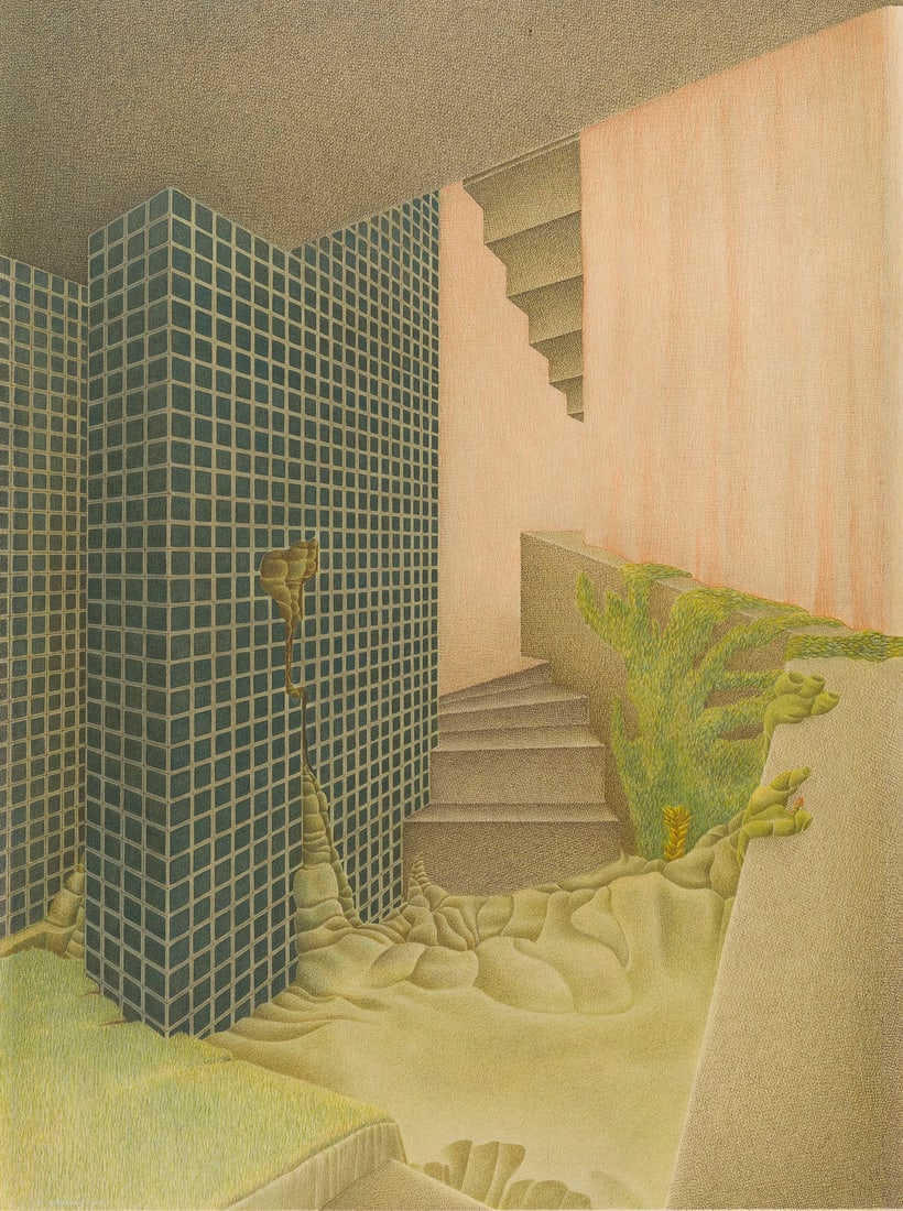 RUEDIGER HOEDING | 'INNENRAUM - LANDSCHAFTSRAUM' (1979): RUEDIGER HOEDING 1941 Hannover - 2026 'INTERIOR SPACE - LANDSCAPE SPACE' (1979) Pen, coloured pencil on paper. F 96 x 76 cm. Sheet size 63,8 x 48,2 cm. Signed and dated lower left. Framed behind glass