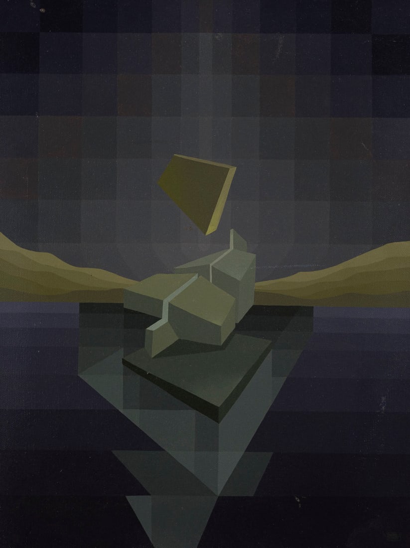 TIBOR GOEROECS | SURREALE KOMPOSITION (1976): TIBOR GOEROECS 1947 Szentes, Hungary SURREAL COMPOSITION (1976) Oil on canvas. Frame dimensions 42 x 32.5 cm. Canvas 39.7 x 30 cm. Signed and dated at lower right 'GOEROECS 1976'. Slightly soiled, wit