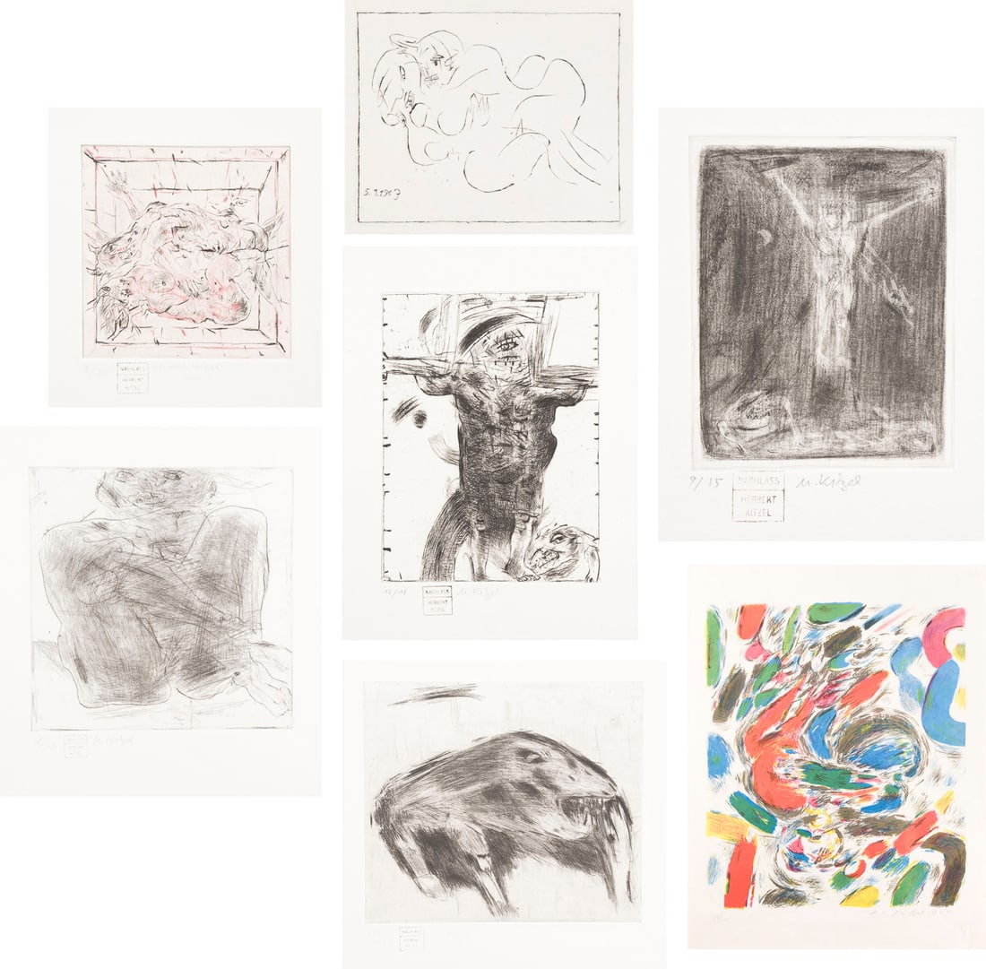 HERBERT KITZEL | KONVOLUT VON SIEBEN GRAFIKEN: HERBERT KITZEL 1928 Halle (Saale) - 1978 Karlsruhe COLLECTION OF SEVEN PRINTS (Colour-)Etching/Lithograph on paper, part. with dry stamp. Sheet sizes 20.4 x 27.3 - 56.5 x 43 cm. Lithograph signed in p