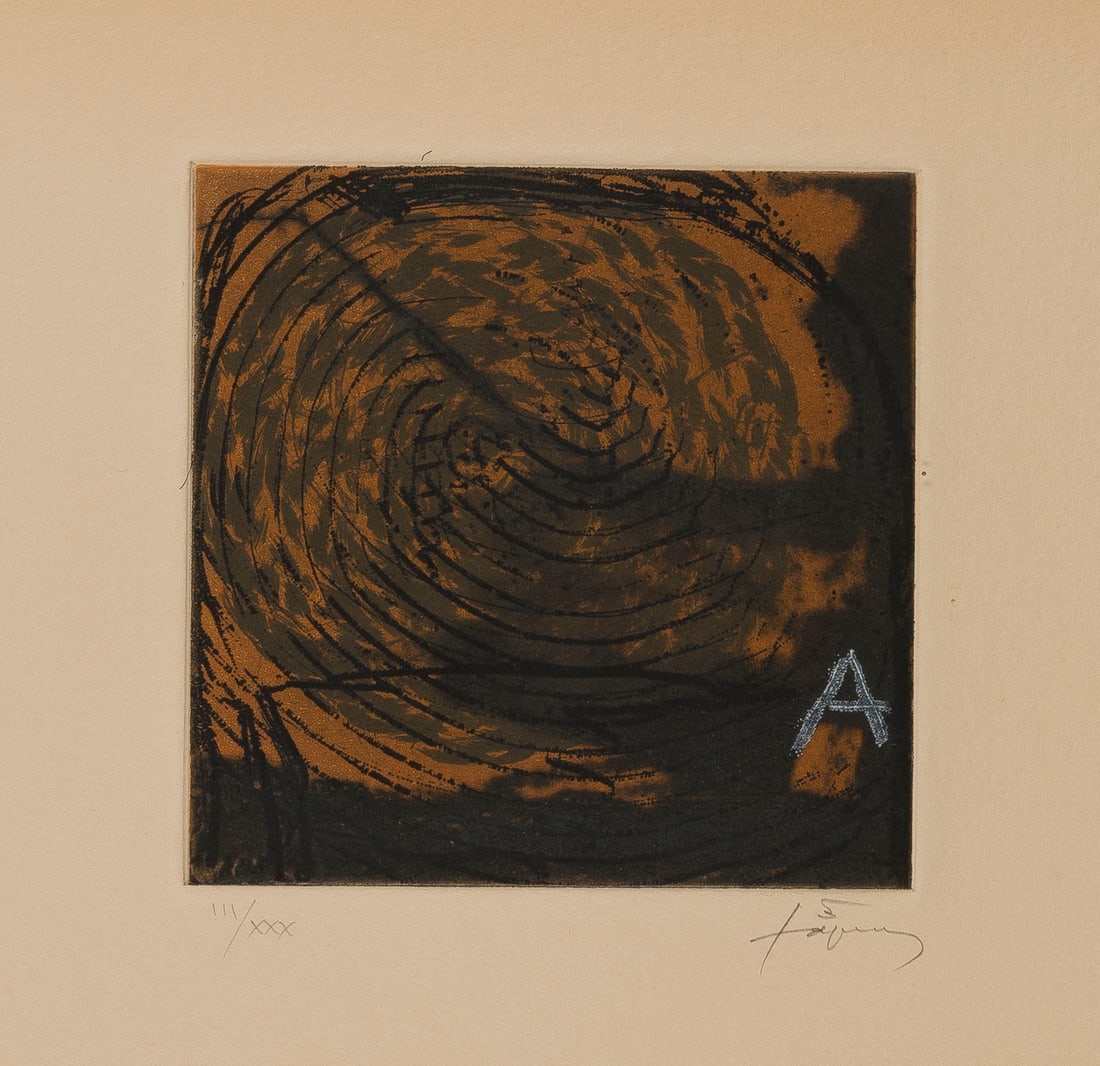 ANTONI TAPIES | BLATT AUS 'SUITE MONTSENY' (1993): ANTONI TAPIES Barcelona 1923 - 2012 PRINT FROM 'SUITE MONTSENY' (1993) Aquatint etching, with carborundum on laid paper. F 40 x 59 cm. Print size 12,3 x 12,5 cm, Sheet size 31,5 x 50 cm. Signed in pen