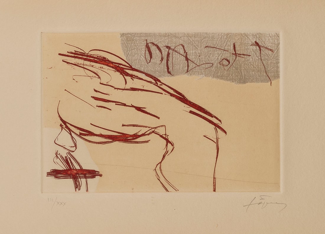 ANTONI TAPIES | BLATT AUS 'SUITE MONTSENY' (1993): ANTONI TAPIES Barcelona 1923 - 2012 SHEET FROM 'SUITE MONTSENY' (1993) Aquatint etching, with collage on laid paper. F 40 x 59 cm. Print size 12,5 x 18,5 cm, Sheet size 31,5 x 50 cm. Signed in pencil 