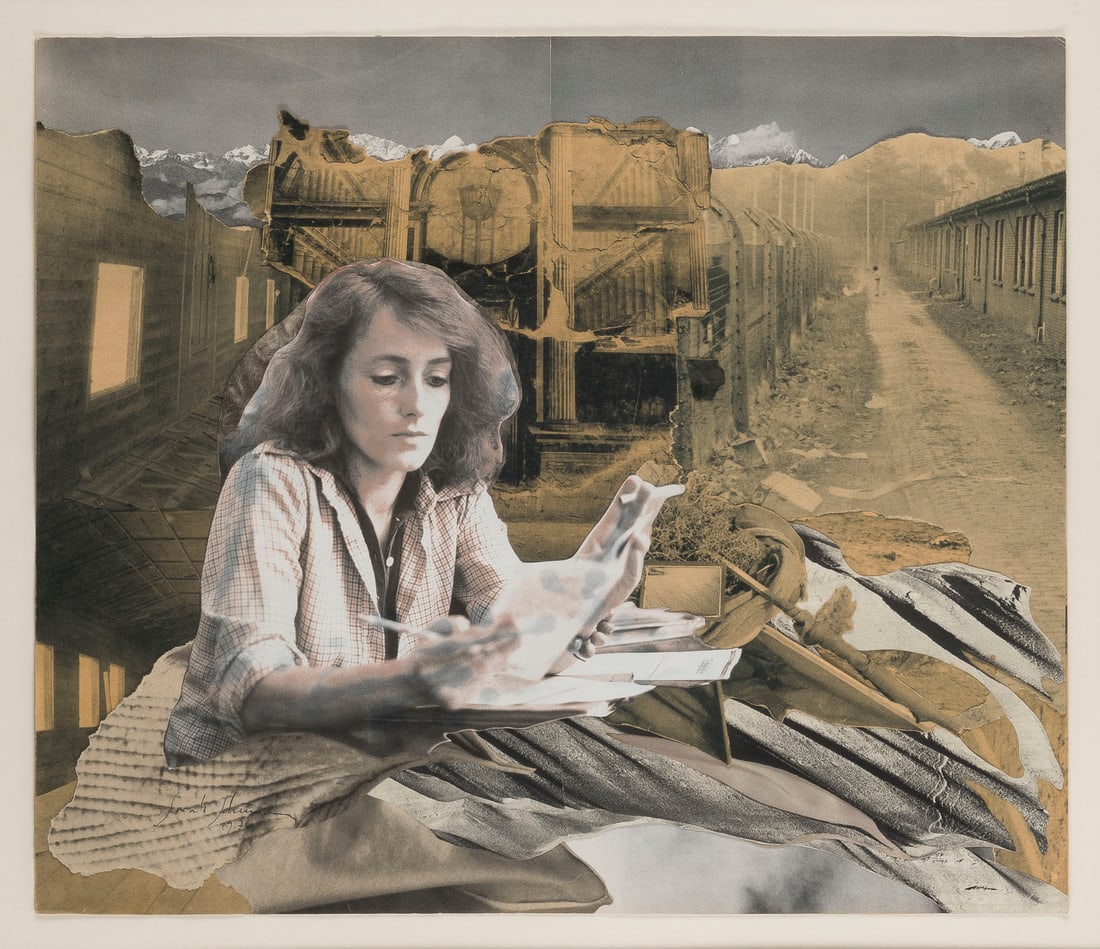 SARAH SCHUMANN | LESENDE MIT ZIGARETTE (1976): SARAH SCHUMANN Berlin 1933 - 2019 READING WOMAN WITH CIGARETTE (1976) Collage on cardboard. Frame dimensions 61 x 68 cm. Sheet size 40.2 x 47.4 cm. Signed in fibre pen within the depiction at lower le