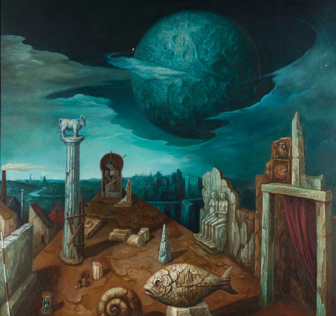 HILM BOECKMANN | 'VERGANGENHEIT UND GEGENWART' (1980/81): HILM BOECKMANN 1932 Muenster 'VERGANGENHEIT UND GEGENWART (PAST AND PRESENT)' (1980/81) Oil on hardboard. Frame dimensions 80 x 84 cm. 75 x 79 cm. Signed and dated at lower right 'BOECKMANN 80/81'. Wi