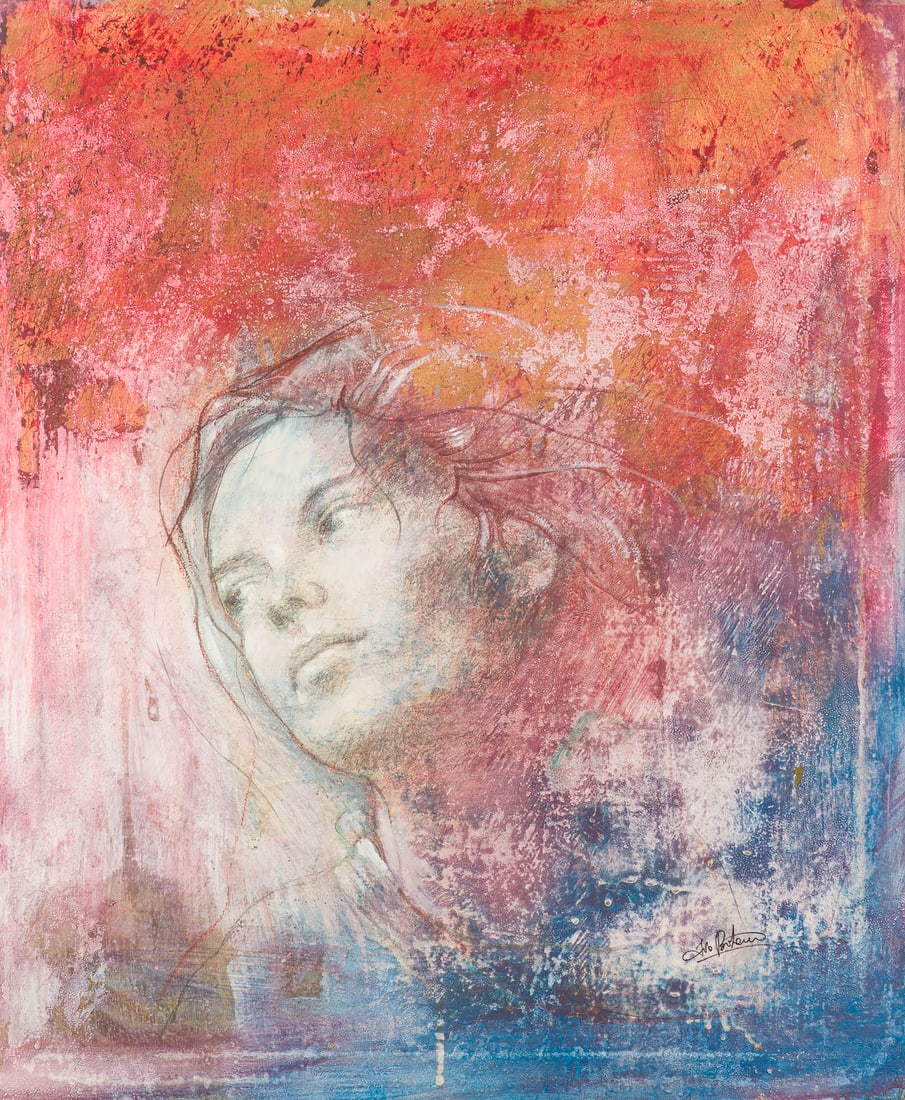 IVO BATOCCO | MAEDCHENPORTRAIT: IVO BATOCCO 1944 Cingoli, Italia PORTRAIT OF A GIRL Mixed media with oil and gouache on canvas with gold pigment. 60 x 50 cm. Signed lower right. Spot with small loss of colour in the lower right corn