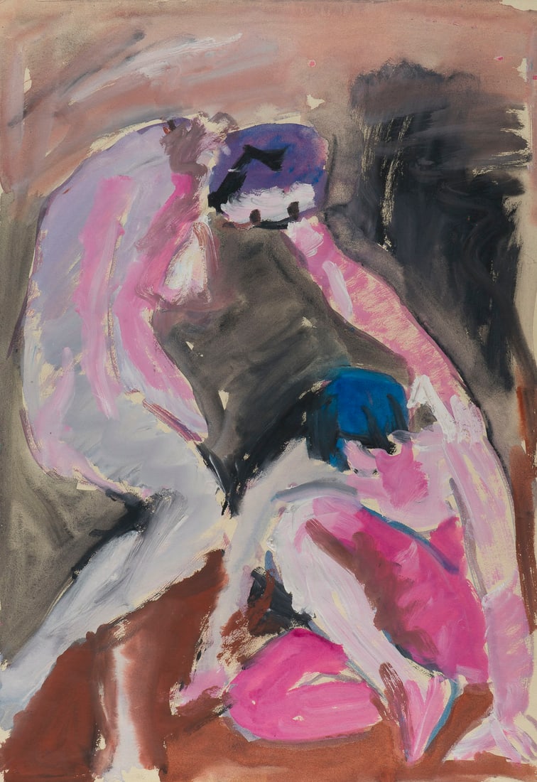 VITTORIO RUGLIONI | ZWEI AKTE: VITTORIO RUGLIONI Italy 1936 - 2003 TWO NUDES Gouache on paper. Frame size 74 x 54 cm. Sheet size 49.5 x 34.1 cm. On the reverse with gallery stamp 'GALLERIA POLTERA' as well as inscribed on the back 