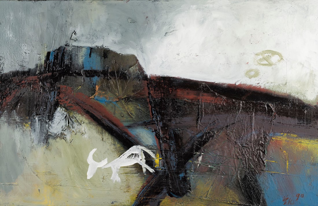SHAN FAN | 'AUF DER LICHTUNG' (1990): SHAN FAN 1959 Hangzhou, China - lives and works in Hamburg 'IN THE CLEARING' (1990) Mixed media on canvas. F 58,5 x 88,5 cm. 55,5 x 85 cm. Signed and dated lower right. Framed.SHAN FAN 1959 Hangzhou, 