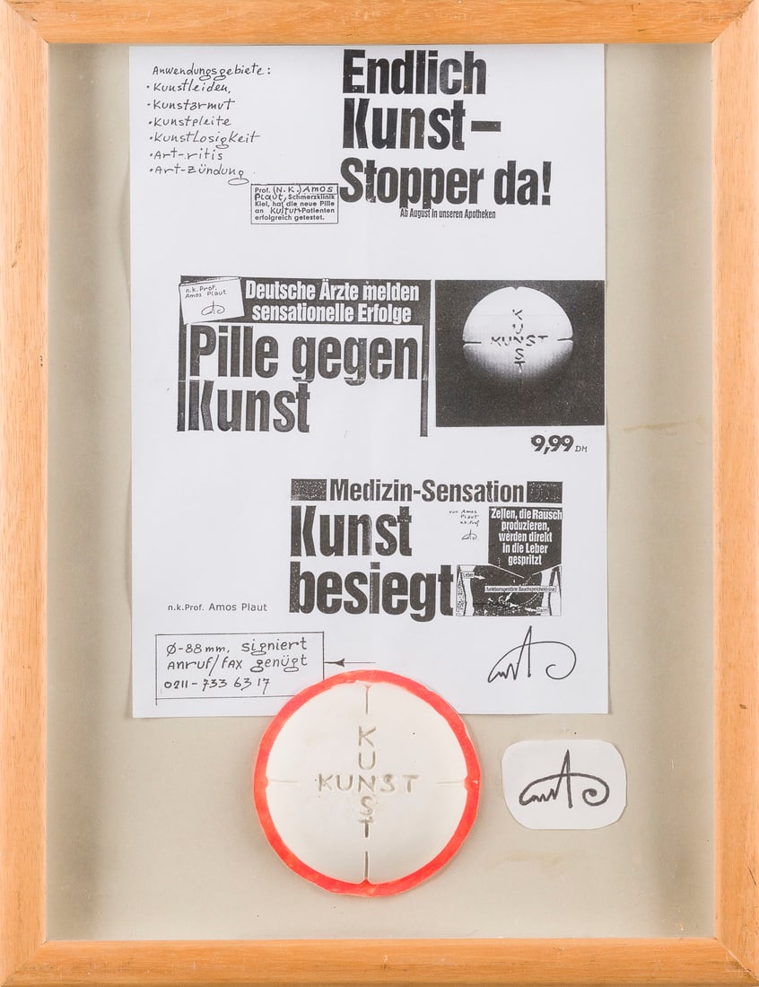 AMOS PLAUT | 'PILLE GEGEN KUNST': AMOS PLAUT 1940 Tel Aviv, Israel - lives and works in Duesseldorf 'PILL AGAINST ART' Mixed media, phototype, plaster. F 43,5 x 33,5 cm. Signed in print and by hand. Part. min. soiled. Framed behind gl