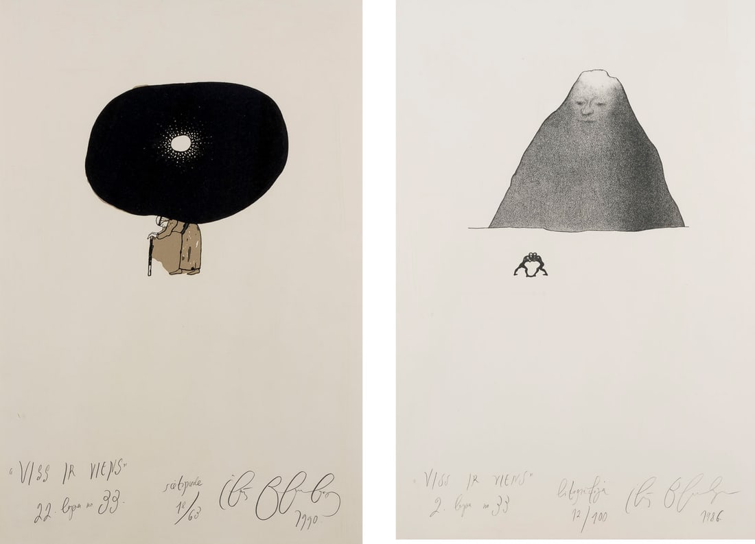 ILMARS BLUMBERGS | PAAR GRAFIKEN 'VISS IR VIENS' (1986/90): ILMARS BLUMBERGS Riga, Latvia 1943 - 2016 PAIR OF PRINTS 'VISS IR VIENS' (1986/90) Each a silkscreen print on thin cardboard. F each 51,5 x 36,5 cm. Sheet size each 45 x 30 cm. Signed in pencil lower 