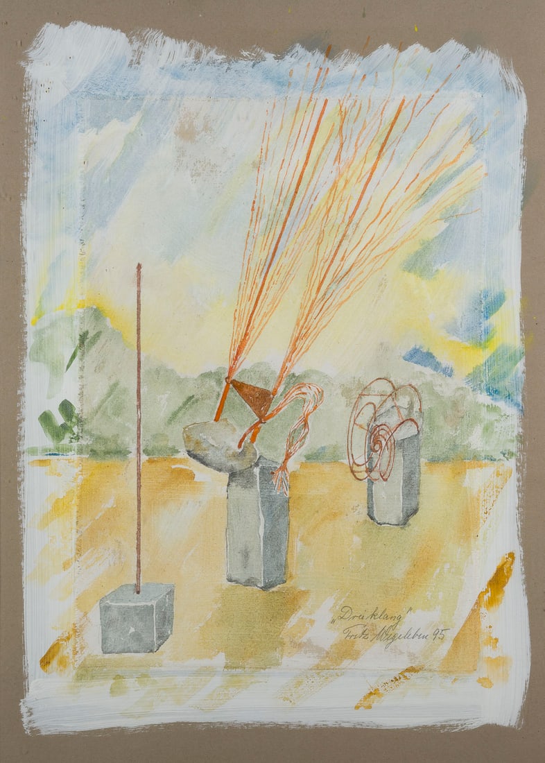 FRITZ WEGELEBEN | 'DREIKLANG' (1995): FRITZ WEGELEBEN 1941 Germany 'DREIKLANG' (1995) Mixed media with watercolour on linen on cardboard. Frame dimensions 71.5 x 51 cm. Visible size 69.5 x 49.2 cm. Titled in pencil at lower right as well 