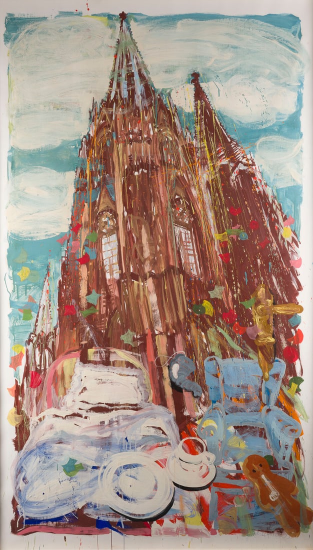 ANNELIESE HERMES | KOELNER DOM (1995): ANNELIESE HERMES 1953 Kesternich, Eifel COLOGNE CATHEDRAL (1995) Oil on panel. F 217 x 136 cm. Visible size 204 x 122 cm. Signed and dated in pencil lower right. Part. min. soiled. Framed behind glass