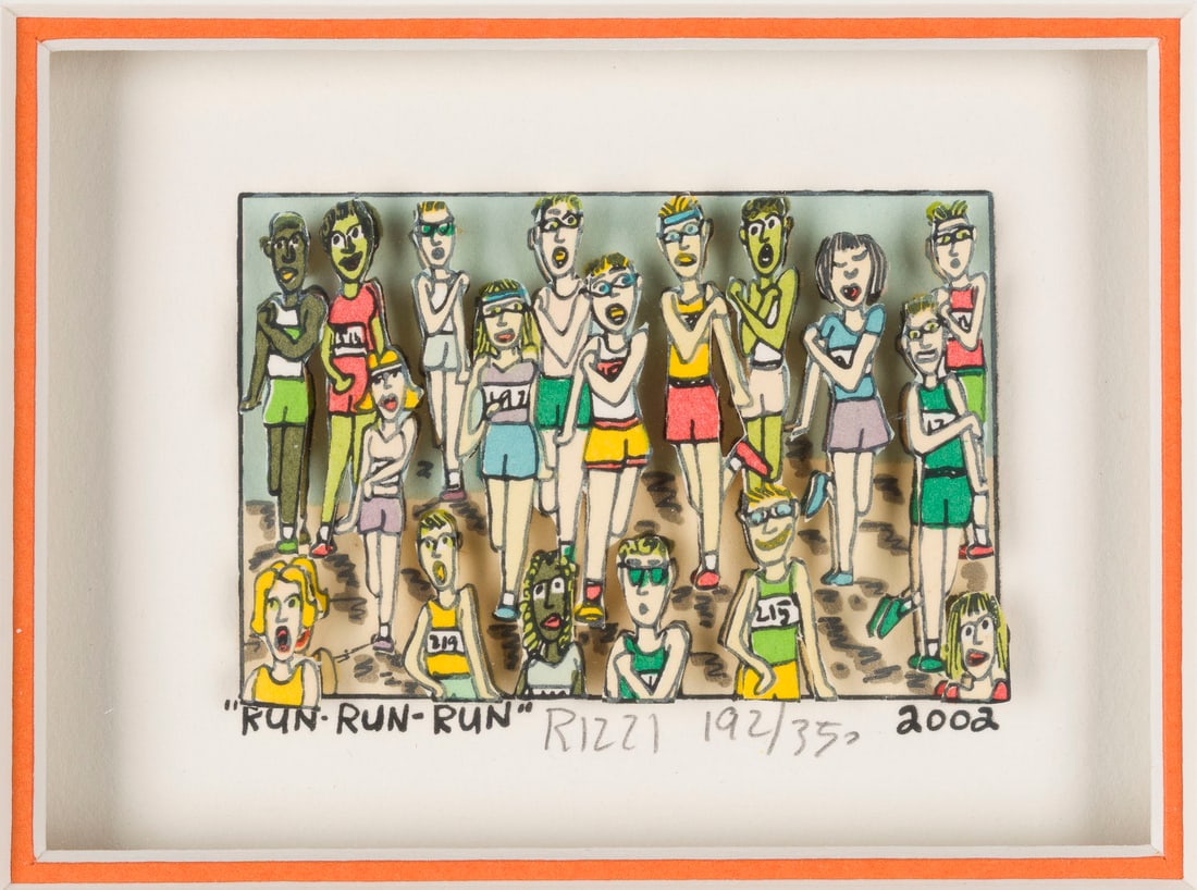 JAMES RIZZI | 'RUN-RUN-RUN' (2002): JAMES RIZZI New York 1950 - 2011 'RUN-RUN-RUN' (2002) 3-D-colour serigraph on wove paper. Frame dimensions 22 x 25.7 cm. Visible size 7.7 x 10.8 cm. Signed and numbered below the depiction in pencil '