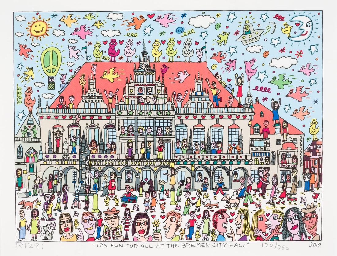 JAMES RIZZI | 'IT'S FUN FOR ALL AT THE BREMEN CITY HALL' (2010): JAMES RIZZI New York 1950 - 2011 'IT'S FUN FOR ALL AT THE BREMEN CITY HALL' (2010) Colour serigraph on wove paper. Frame dimensions 41 x 51 cm. Visible size 24 x 31 cm. Print size 21.5 x 28 cm. Signed