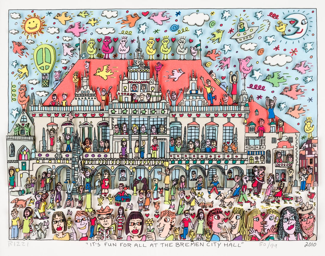 JAMES RIZZI | 'IT'S FUN FOR ALL AT THE BREMEN CITY HALL' (2010): JAMES RIZZI New York 1950 - 2011 'IT'S FUN FOR ALL AT THE BREMEN CITY HALL' (2010) 3-D-colour serigraph on wove paper. Frame dimensions 41 x 51 cm. Visible size 25.7 x 31.7 cm. Print size 21.5 x 28 cm