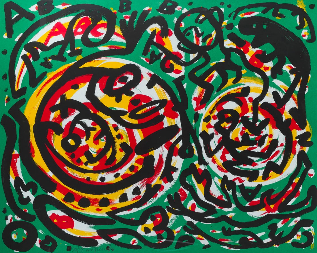 A.R. PENCK | OHNE TITEL: A.R. PENCK 1939 Dresden - 2017 Zurich UNTITLED Colour serigraph on light cardboard. Frame dimensions 100.5 x 121.5 cm. Sheet size 86.5 x 107 cm. Numbered and signed in pencil at lower left '27/55 ar. 