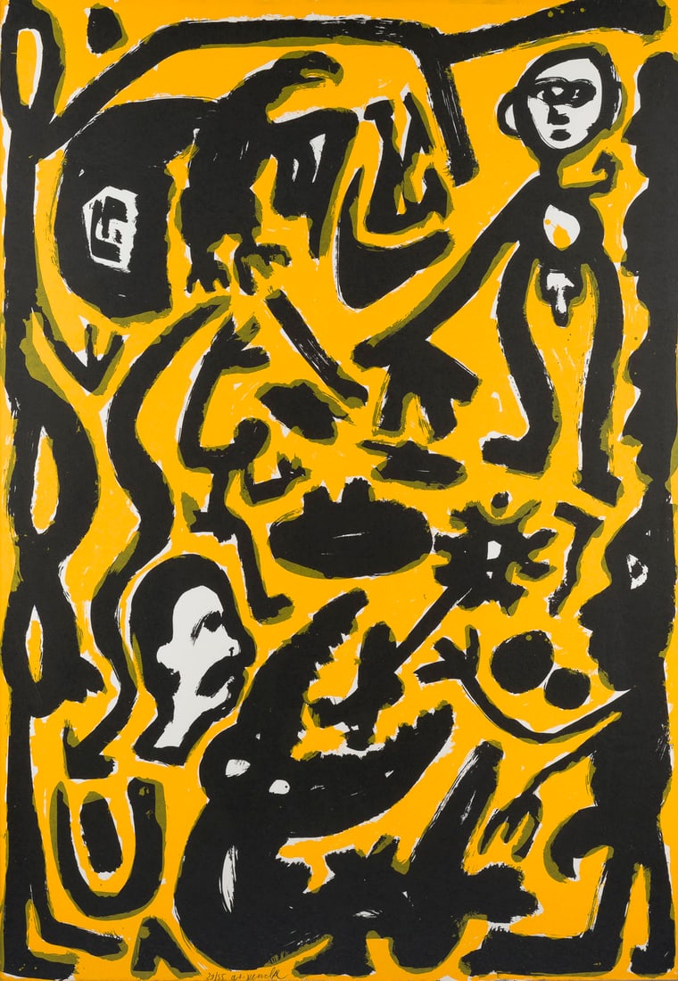 A.R. PENCK | 'KEINE GNADE UNTER DEN OLIVEN': A.R. PENCK 1939 Dresden - 2017 Zurich 'KEINE GNADE UNTER DEN OLIVEN' Colour serigraph on firm paper. Frame dimensions 125 x 88.5 cm. Visible size 121 x 85 cm. Numbered and signed in pencil at lower le