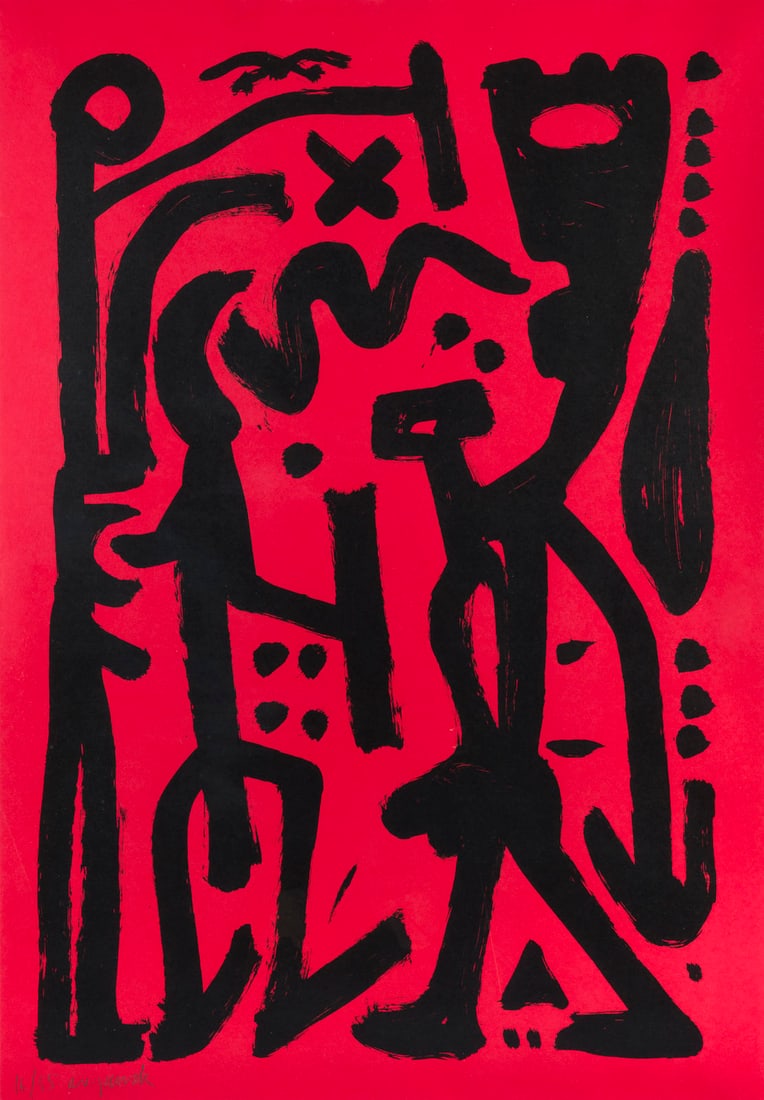 A.R. PENCK | OHNE TITEL: A.R. PENCK 1939 Dresden - 2017 Zurich UNTITLED Colour serigraph on wove paper. Frame dimensions 140 x 103 cm. Visible size 120 x 84 cm. Numbered and signed in pencil at lower left '16/55 ar. penck'. F