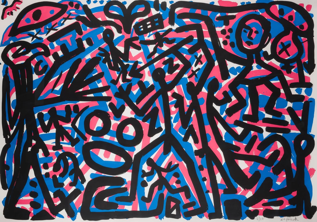 A.R. PENCK | '9. NOVEMBER' (1990): A.R. PENCK 1939 Dresden - 2017 Zurich '9. NOVEMBER' (1990) Colour serigraph on light cardboard. Frame dimensions 98 x 134.5 cm. Sheet size 86 x 122 cm. Numbered and signed in pencil at lower right '7/