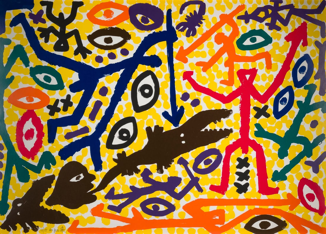 A.R. PENCK | 'JAGD' (1991): A.R. PENCK 1939 Dresden - 2017 Zuerich 'JAGD' (1991) Farbserigrafie auf festem Papier. R 89,5 x 125,7 cm. SM 84,5 x 121 cm. Unten links in Bleistift num. u. sign. '12/55 ar. penck'. Hinter Glas gerahm