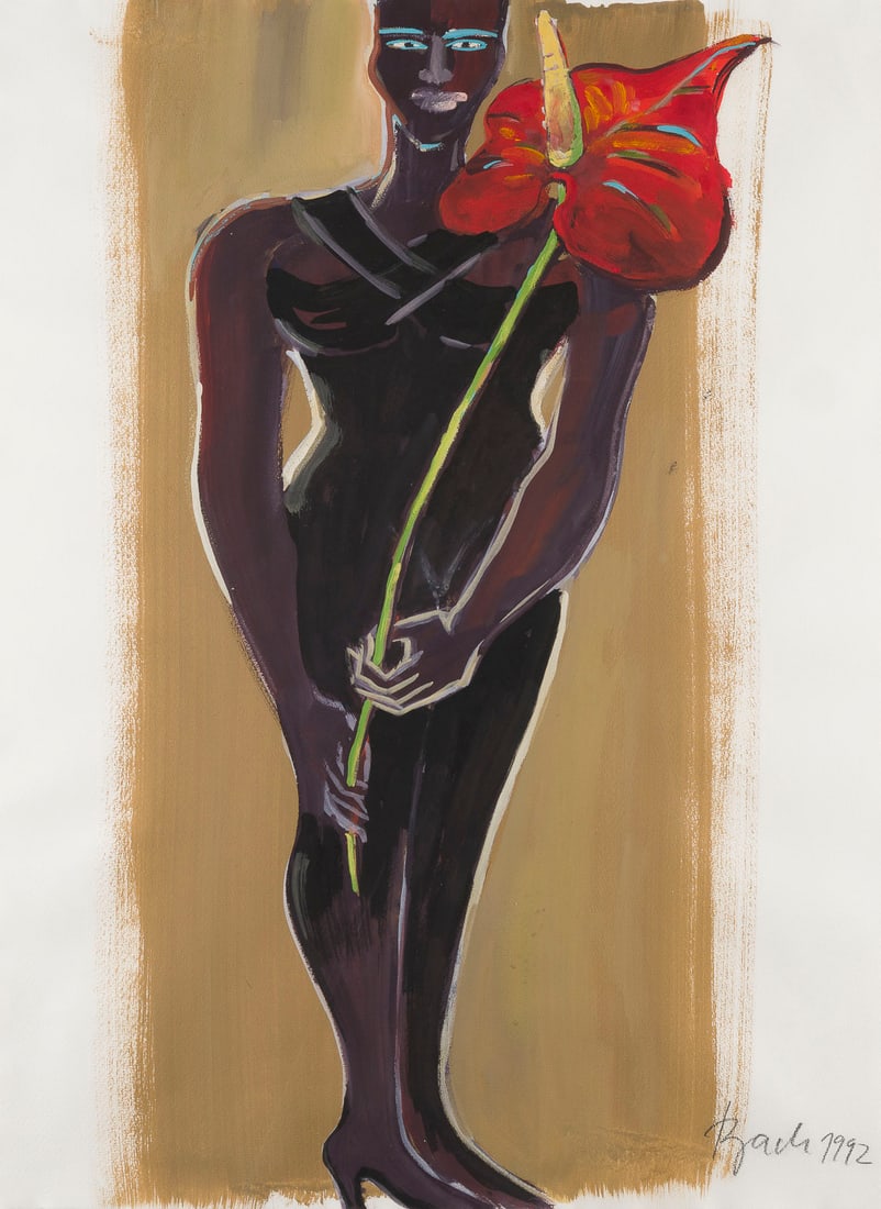 ELVIRA BACH | FRAU IM SCHWARZEN KLEID (1992): ELVIRA BACH 1951 Neuenhain WOMAN IN BLACK DRESS (1992) Mixed media on paper. Frame dimensions 96 x 75 cm. Sheet size 74.5 x 55 cm. Signed and dated in graphite pencil at lower right 'Bach 1992'. Sligh