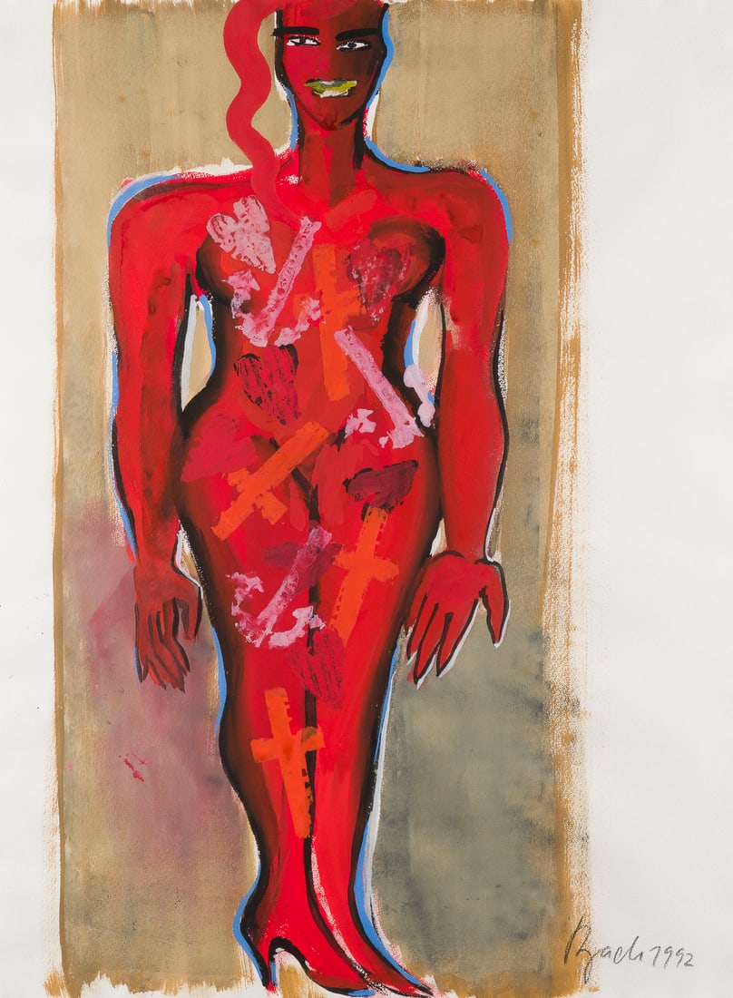 ELVIRA BACH | ROTE FRAU (1992): ELVIRA BACH 1951 Neuenhain RED WOMAN (1992) Mixed media on paper. Frame dimensions 96 x 75 cm. Sheet size 75 x 56 cm. Signed and dated with graphite pencil at lower right 'Bach 1992'. With work detail