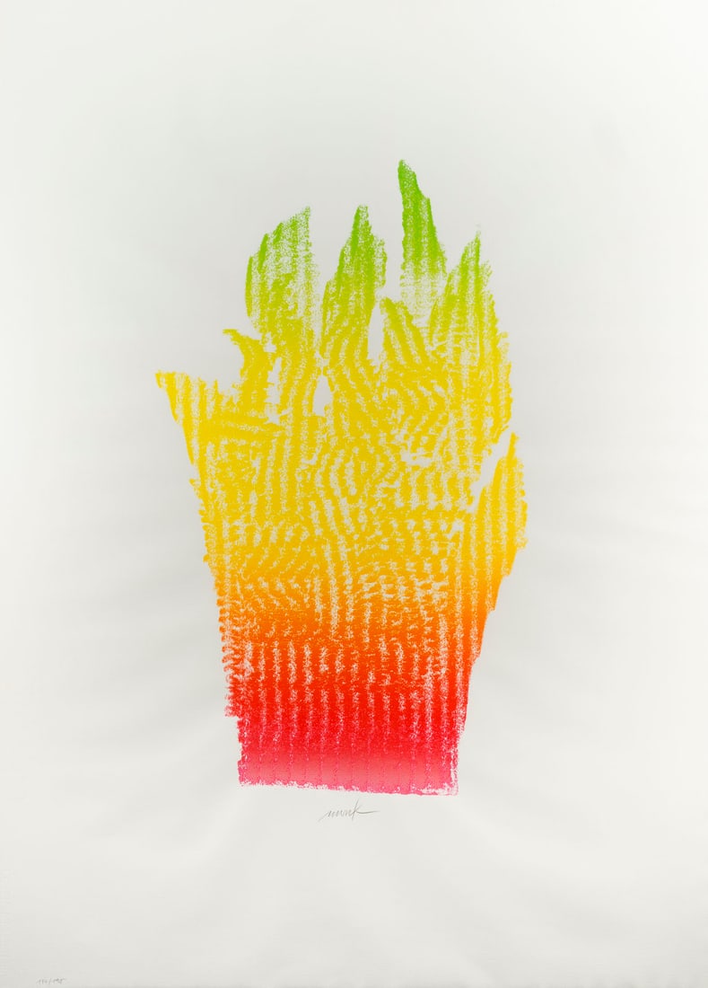 HEINZ MACK | 'FLAMMENHAND' (1981): HEINZ MACK 1931 Lollar - lives and works in Moenchengladbach and Ibiza 'FLAMMENHAND' (1981) Colour serigraph on Hahnemuehle-paper, with watermarks. Frame dimensions 120 x 91 cm. Sheet size 105.5 x 77.