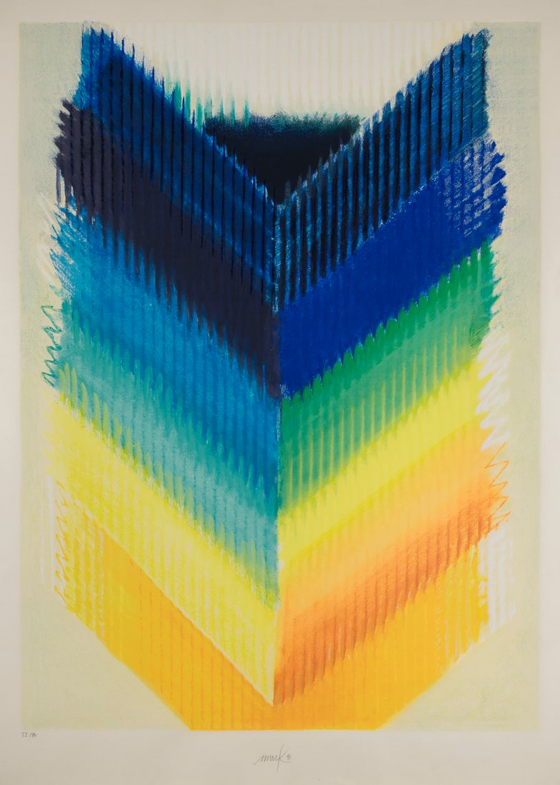 HEINZ MACK | 'FARBKEIL' (1991): HEINZ MACK 1931 Lollar - lives and works in Moenchengladbach and Ibiza 'FARBKEIL' (1991) Colour serigraph on laid paper. Frame dimensions 133 x 103.5 cm. Sheet size 125 x 95 cm. Signed and dated at lo
