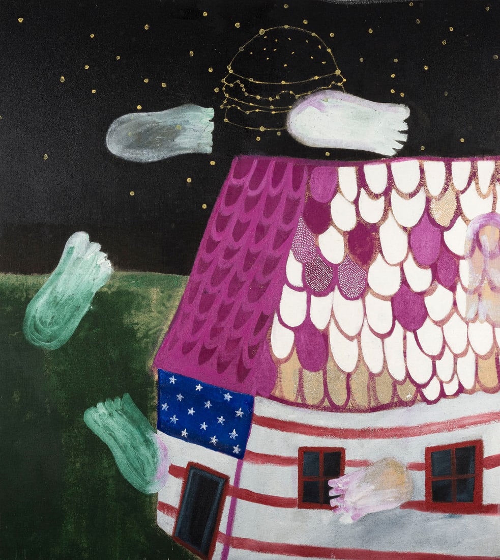 KATJA SEIB | 'NACH AMERIKA GEHEN': KATJA SEIB 1989 Duesseldorf - lives and works in Los Angeles/CA, USA 'GOING TO AMERICA' Oil on jute. 190 x 170 cm. Signed upside down, presumably in the bottom right-hand corner. Slightly wavy at the 