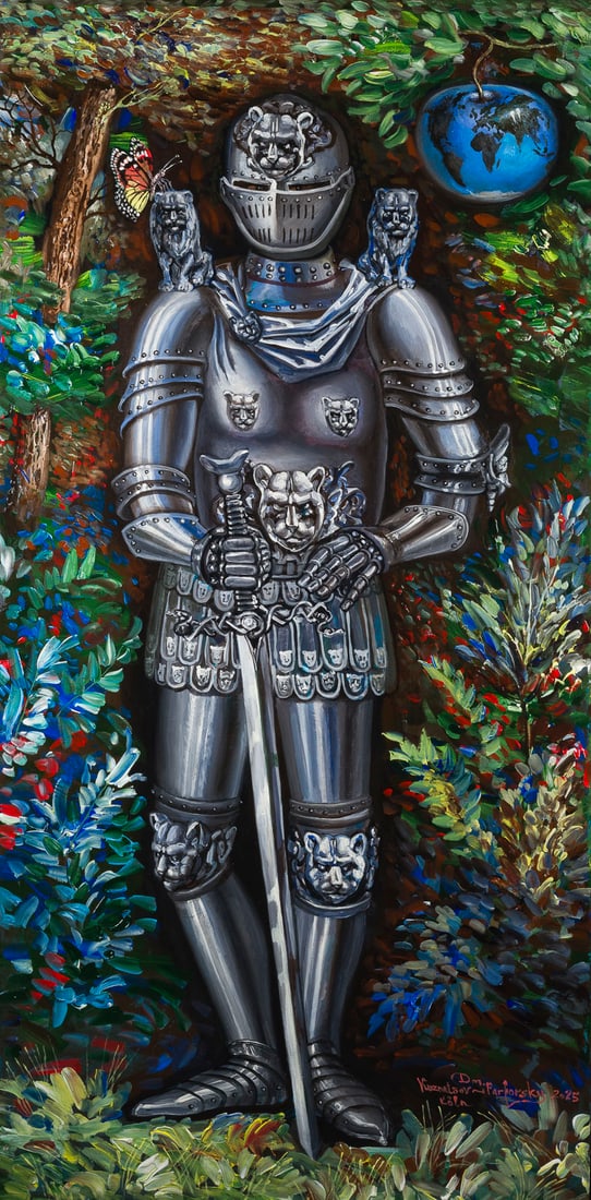 DMITRY KUZNETSOV-FARFORSKY | 'RITTER UND SCHMETTERLING. SCHMETTERLING - VERTEIDIGER DES FRIEDENS AUF: DMITRY KUZNETSOV-FARFORSKY 1972 Kataysk, Russia 'RITTER UND SCHMETTERLING. SCHMETTERLING - VERTEIDIGER DES FRIEDENS AUF ERDEN' (2025) Acrylic on canvas. Frame dimensions 147.5 x 76.5 cm. Canvas 140 x 